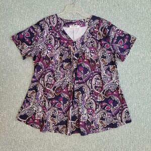 Paisley Print V-Neck Women's Top, Short Sleeve, 2XL